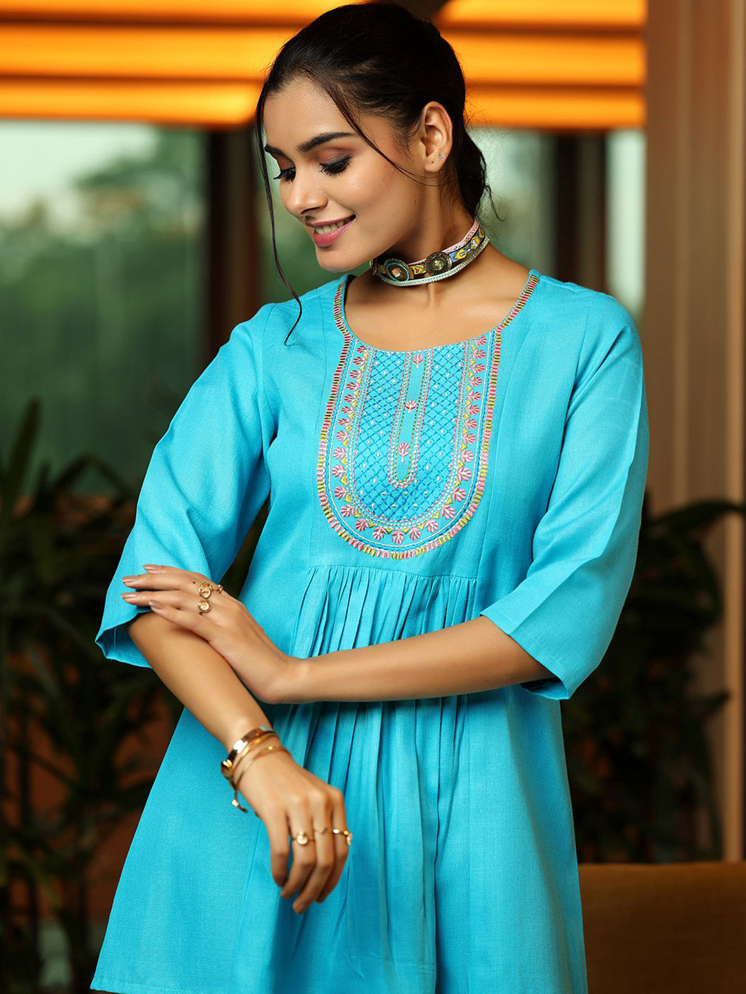 Gerua By Libas Floral Yoke Design Thread Work Thread Work Pleated Kurti