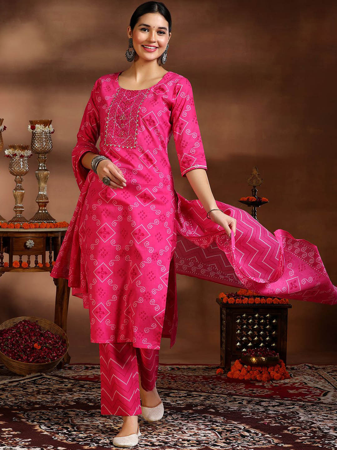 Libas Bandhani Printed Gotta Patti Pure Cotton Kurta with Trousers & Dupatta