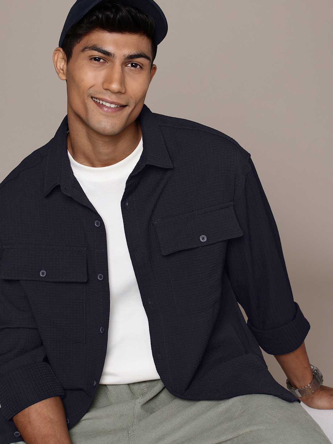 WROGN Self-Design Grid Tattersall Checks Drop-Shoulder Sleeves Oversized Casual Shirt