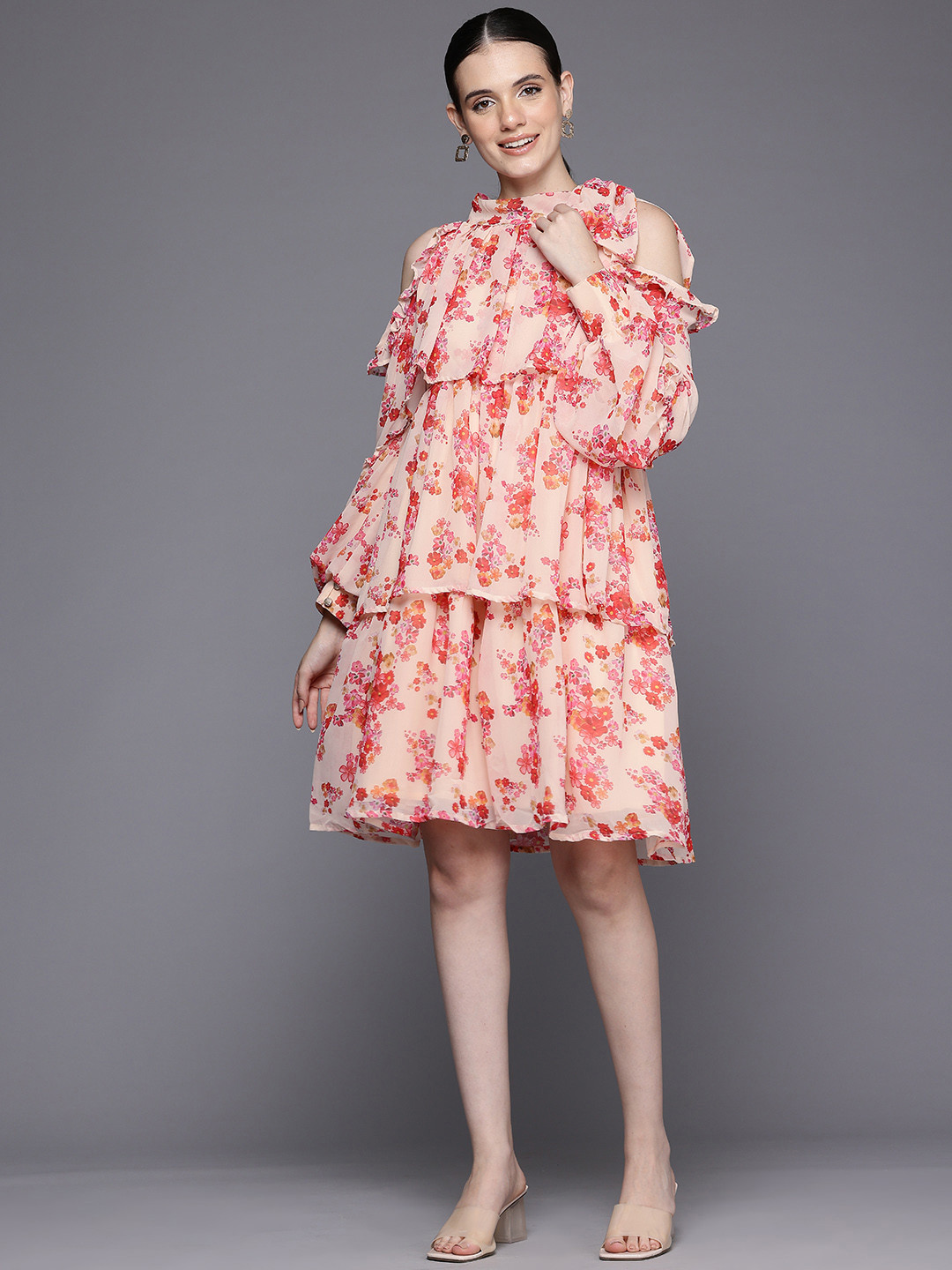 Ironic Creation Floral Printed Halter Neck Cold-Shoulder Layered A-Line Dress