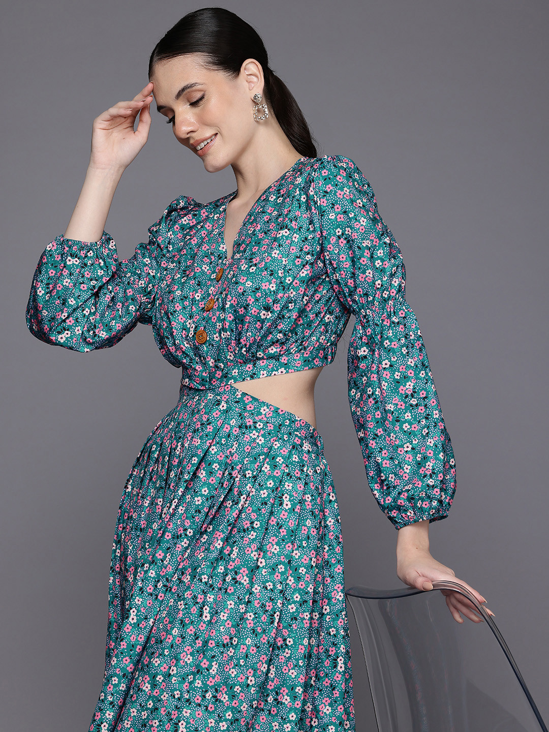 Ironic Creation Floral Printed Cut-Out Crepe Maxi Dress