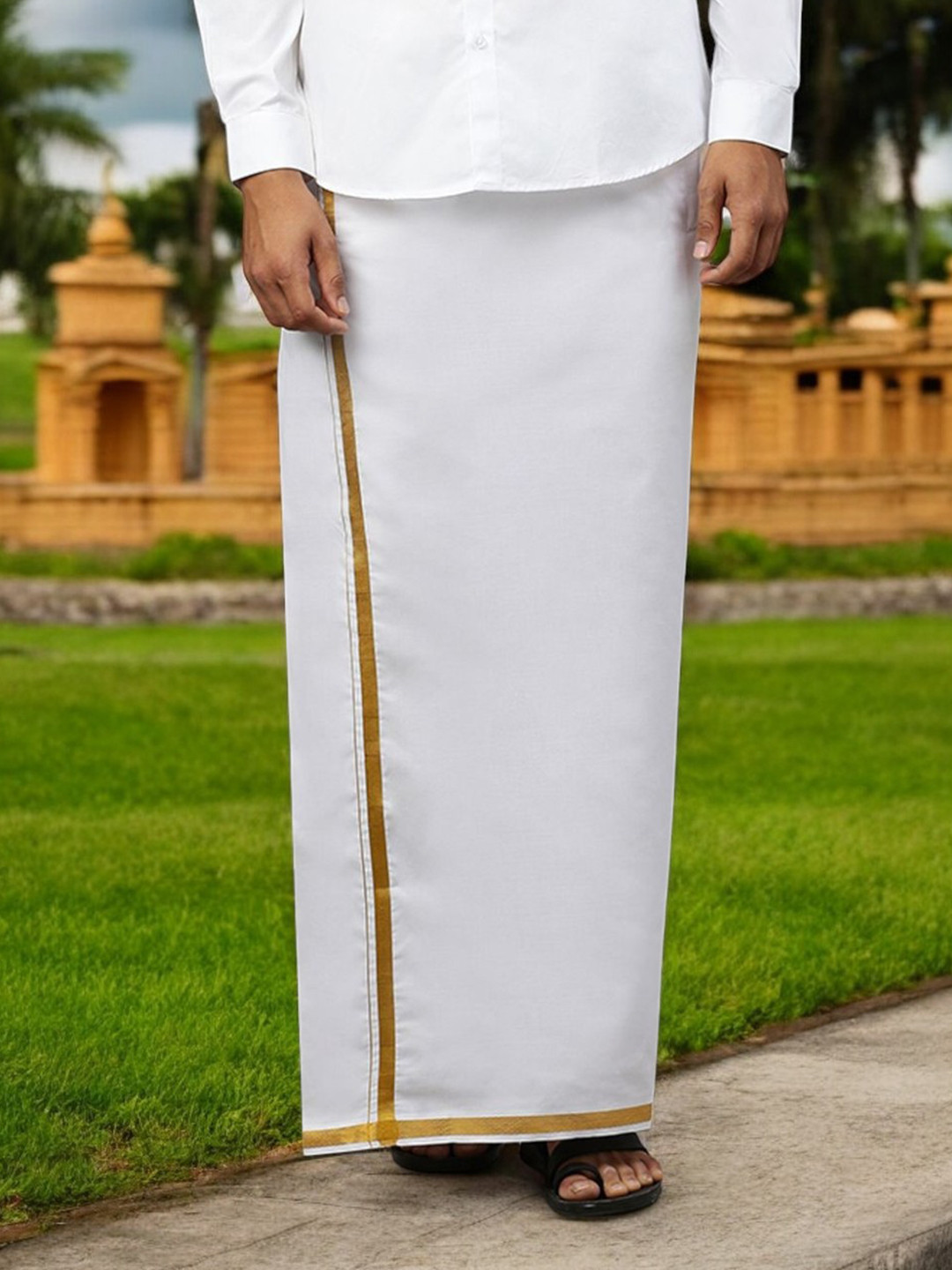 Ramraj Men Solid Gold Jari Border Single Layer Adjustable Cotton Dhoti with Pocket