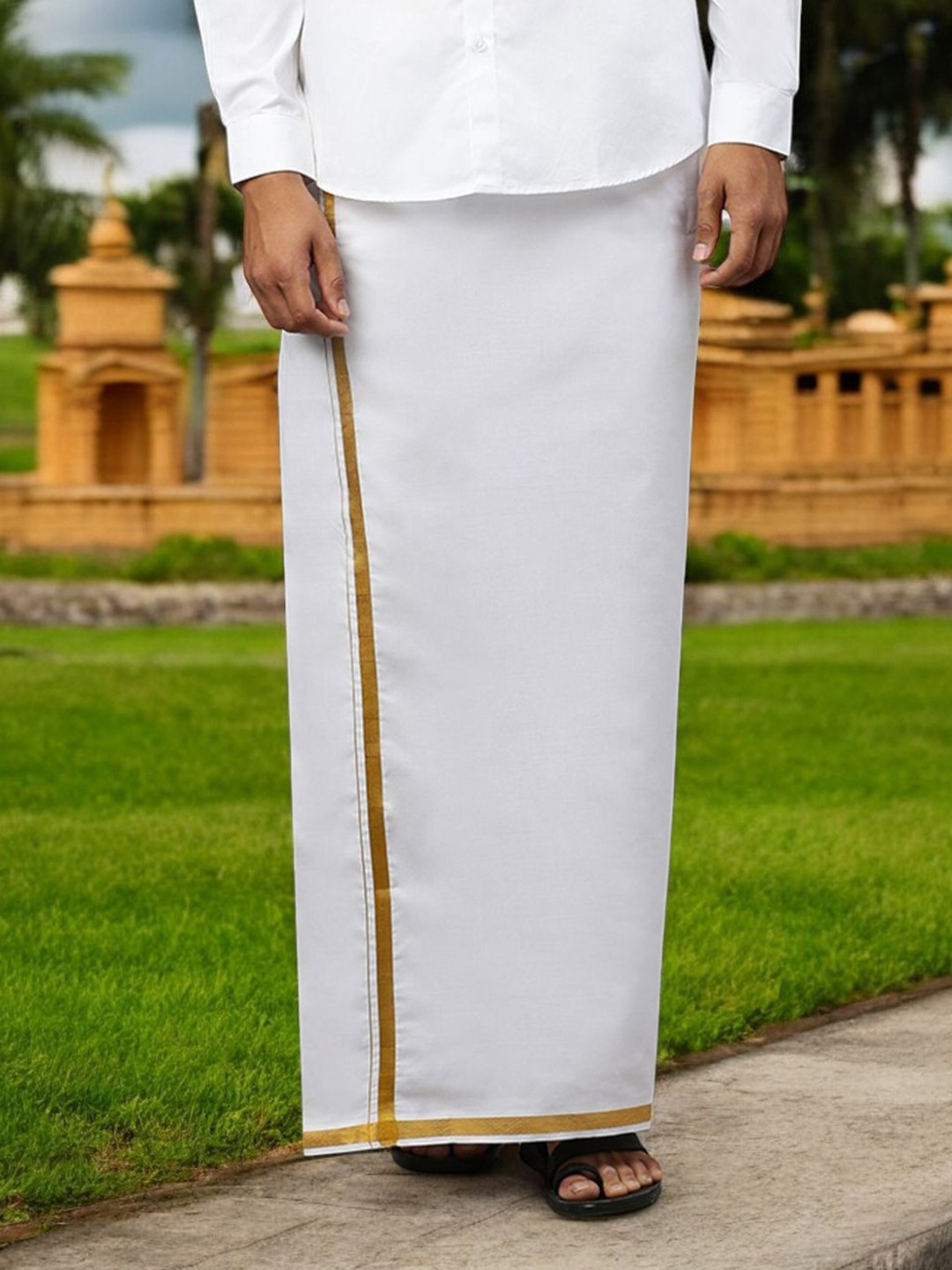 Ramraj Genxt Men Cotton Solid Blend Readymade Pocket Dhoti with Gold jari Border