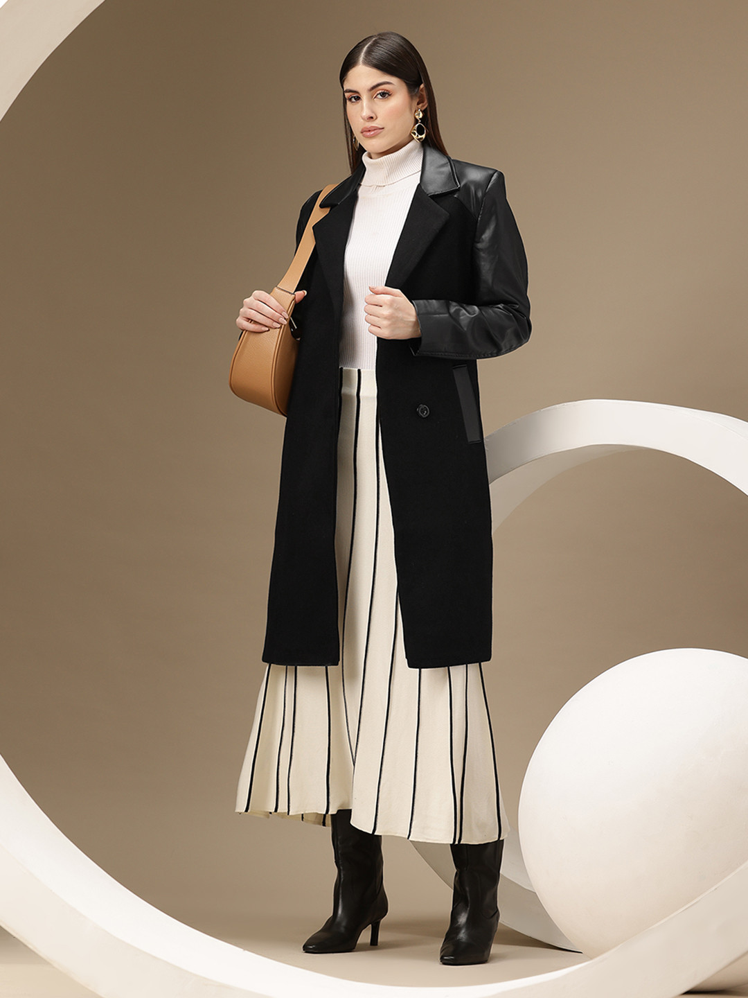 Chemistry Faux Leather Trim Belted Longline Overcoat