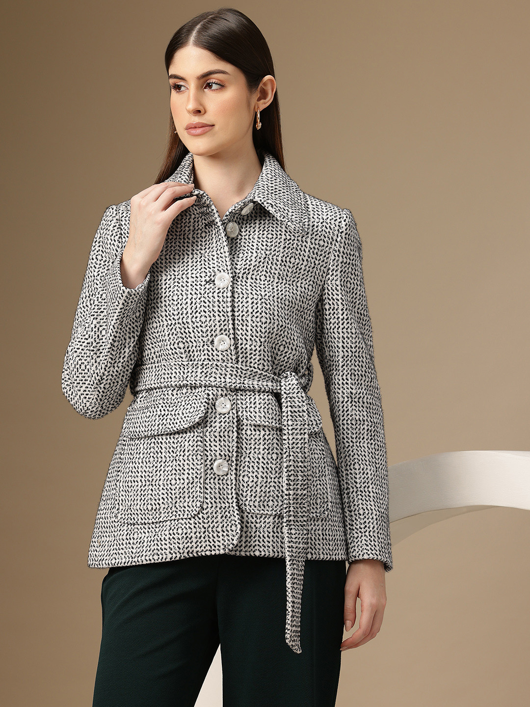 Chemistry Single-Breasted Self-Design Shimmer Blazer with Belt