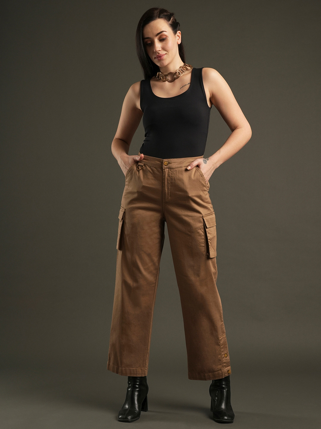 Globus Women Khaki Relaxed Mid-Rise Cargos Cotton Flat Front Trousers