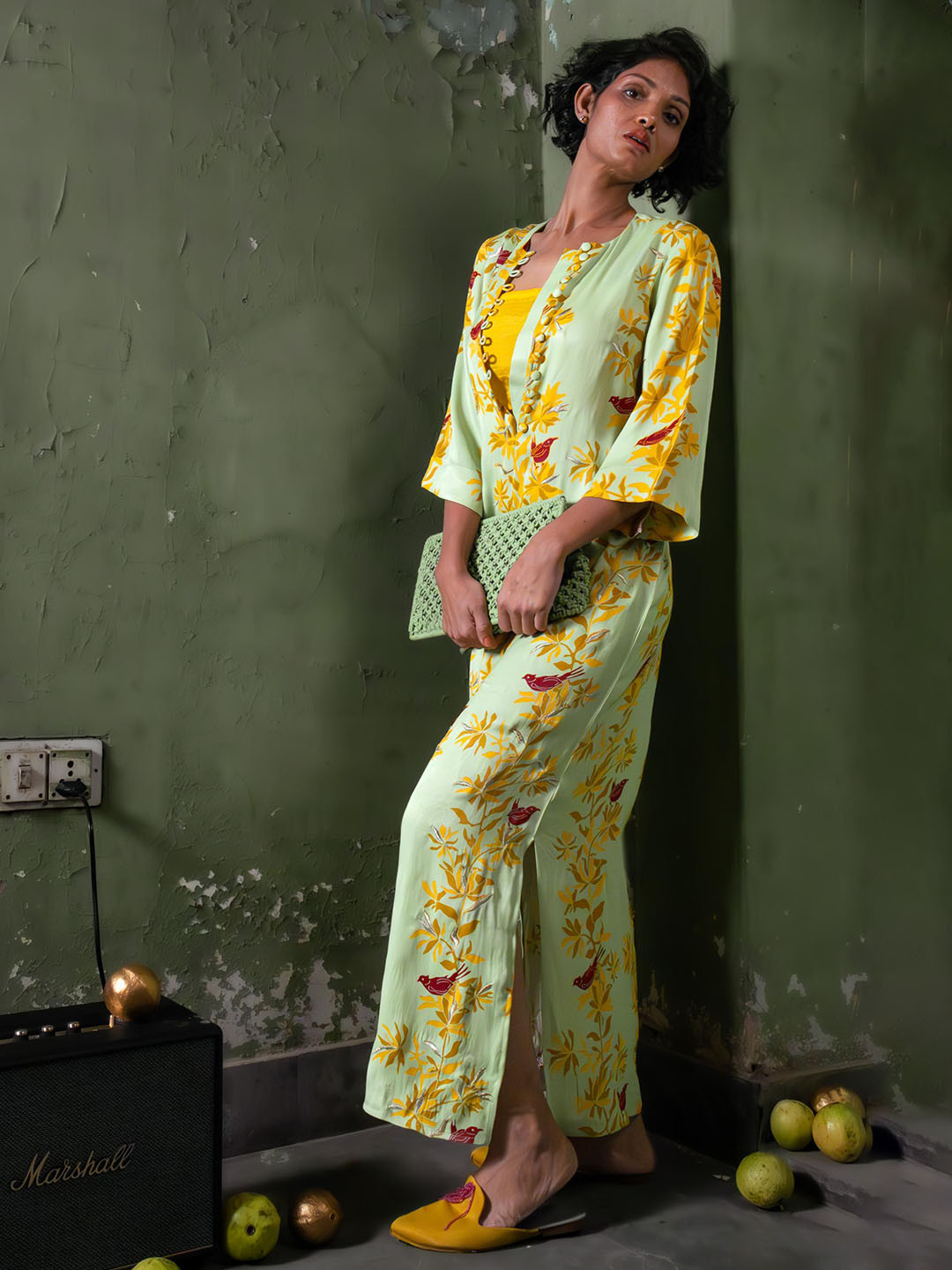 AMROOD Floral Print Puff Sleeve Satin A-Line Maxi Dress 57H2-XS-Green