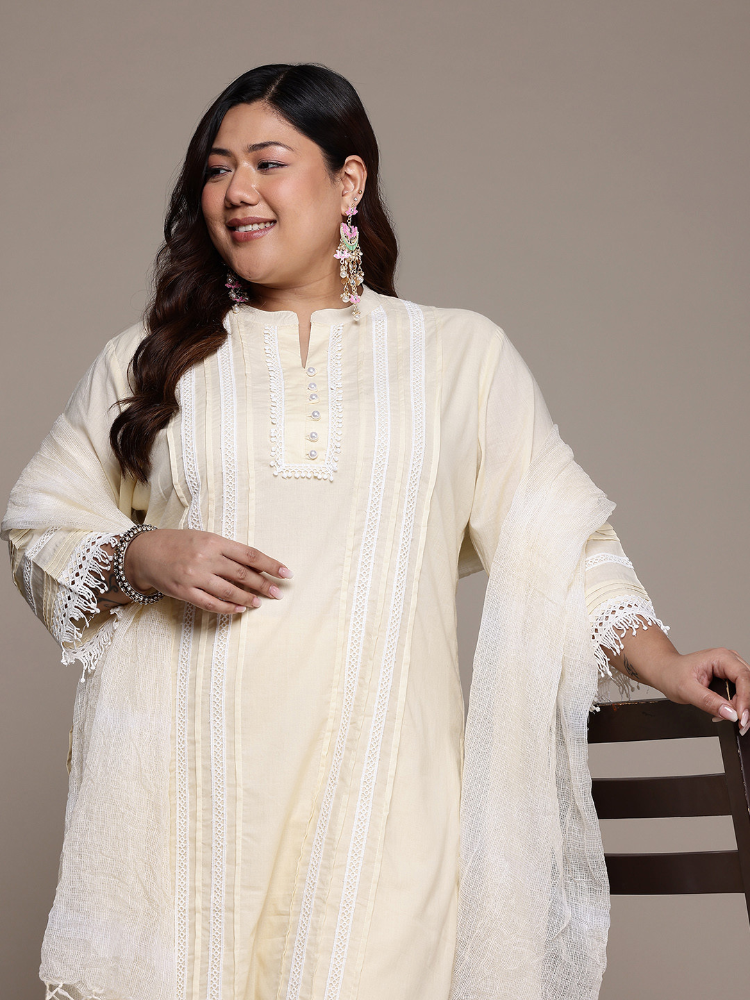 Readiprint Plus Size Panelled Beads & Stones Pure Cotton Kurta Set