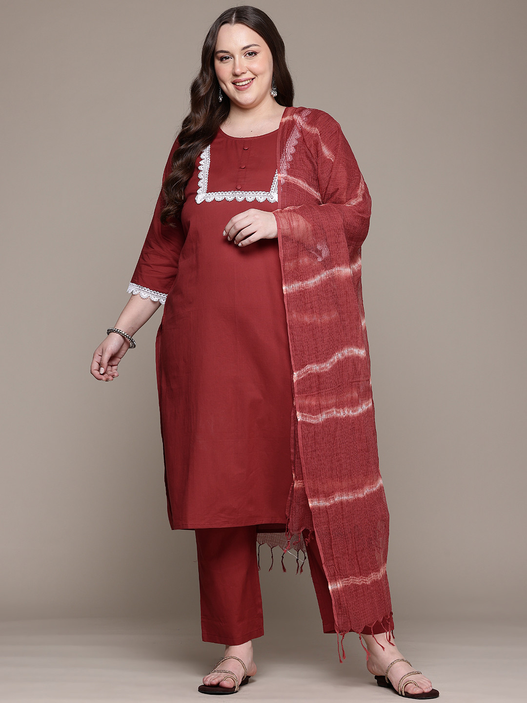 Readiprint Plus Size Lace Detailed Pure Cotton Kurta & Trousers With Dupatta