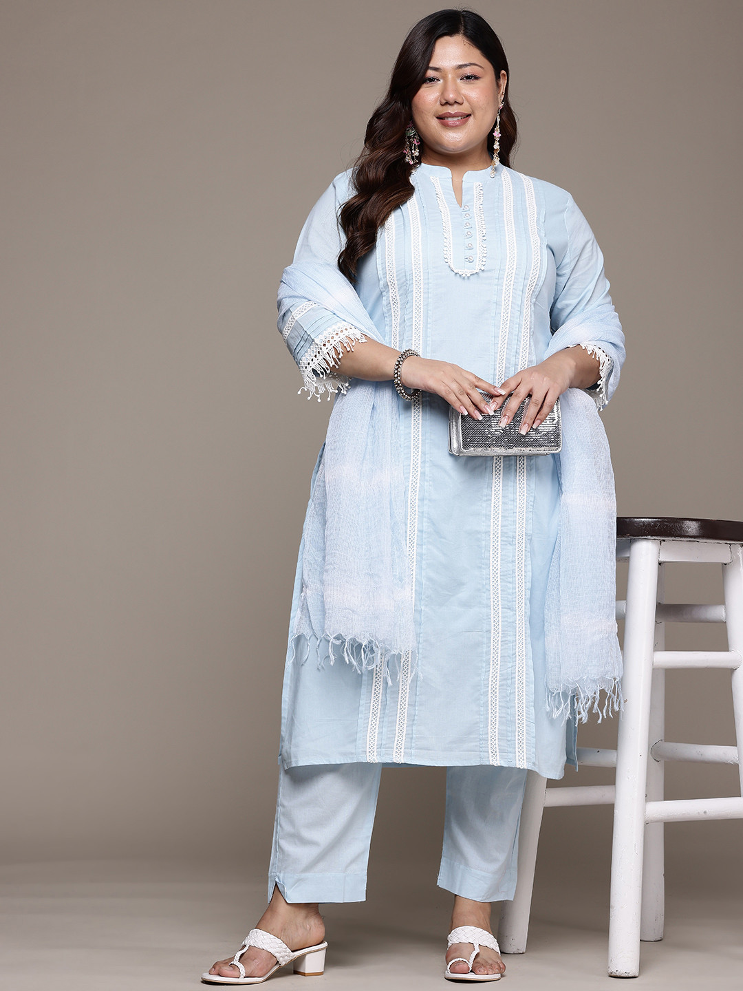 Readiprint Floral Lace Design Pure Cotton Kurta with Trousers & Dupatta