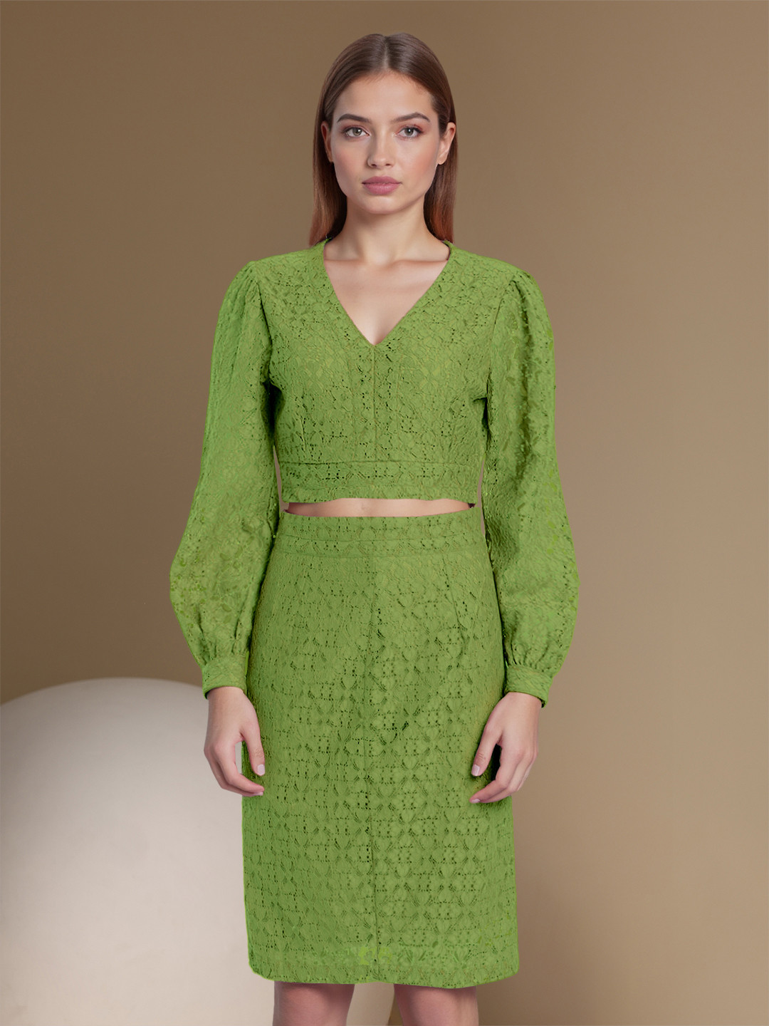 Chemistry V-Neck Lace Crop Top With Straight Skirt Co-Ord Set