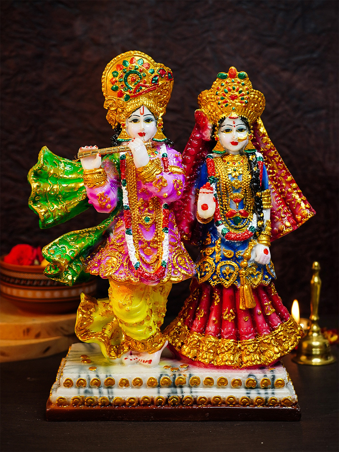 Ekhasa Radha Krishna Murti White Polyresin Glossy Prayer Room Hand-Painted Medium Showpiece - 12.2 Inches