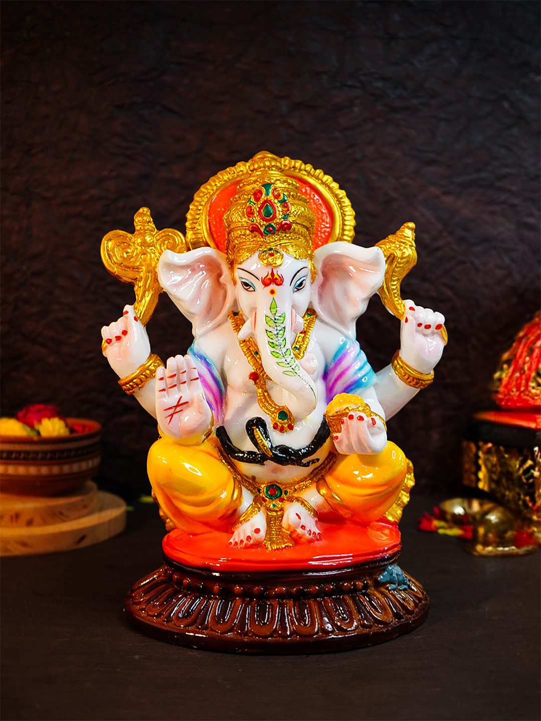 Ekhasa Ganesha White Marble Natural Prayer Room Hand-Painted Medium Showpiece - 13.4 Inches