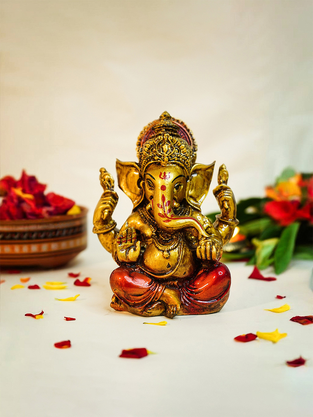 Ekhasa Ganesha Gold Polyresin Glossy Prayer Room Small Showpiece - 5.5 Inches