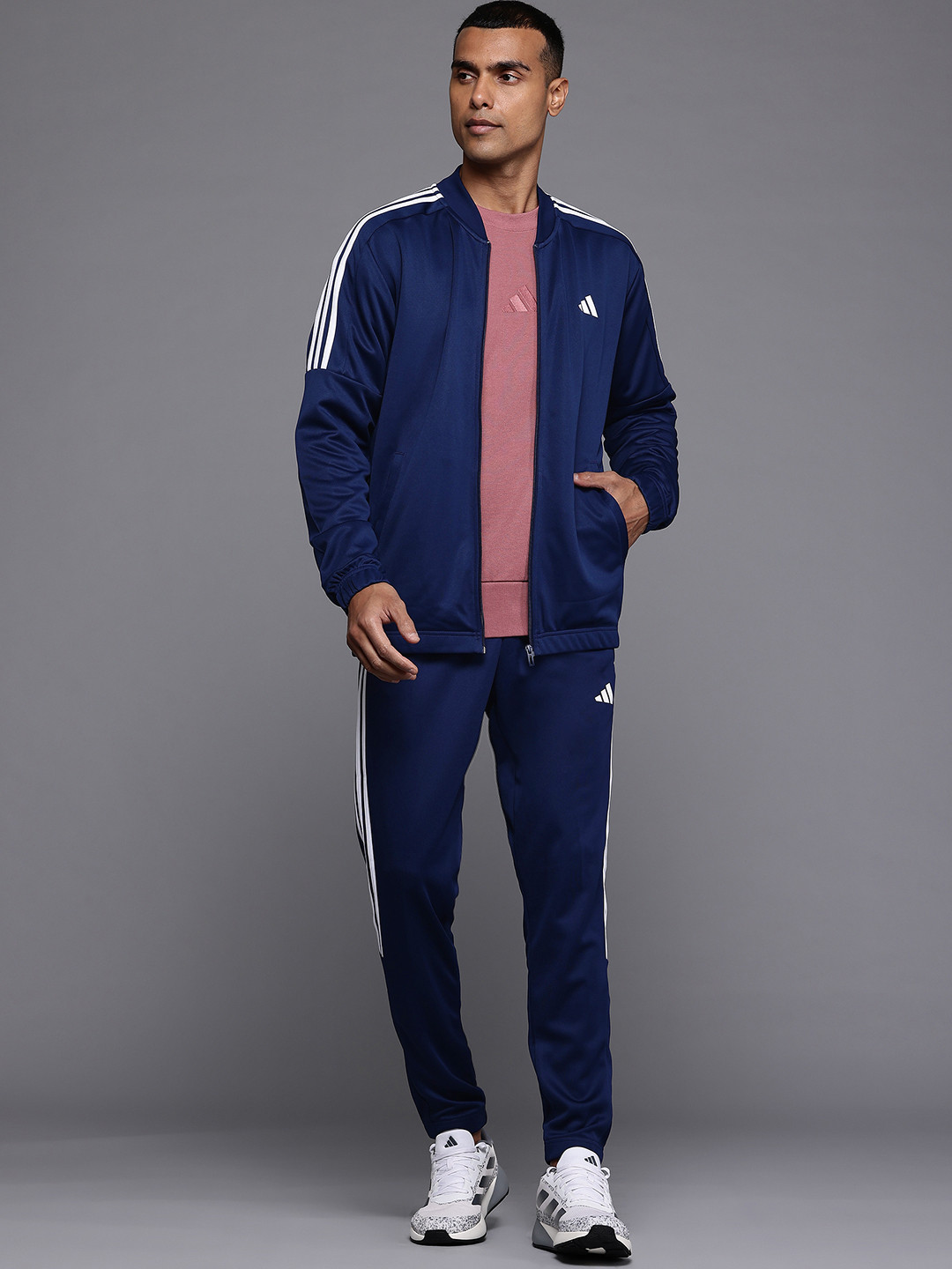 ADIDAS Striped Detail Drop-Shoulder Sleeves 3S Plain Jacket with Joggers