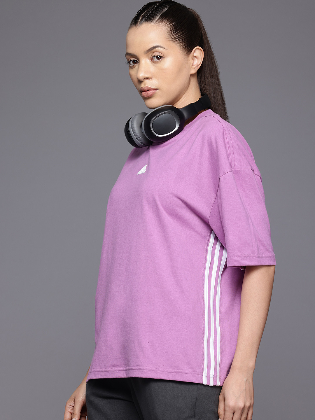 ADIDAS Striped Detail Drop-Shoulder Sleeves Relaxed Fit Pure Cotton Express T-shirt