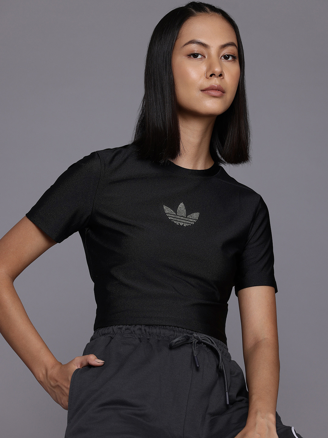 ADIDAS Originals Rhinestone Trefoil Crop Slim Fit T-shirt