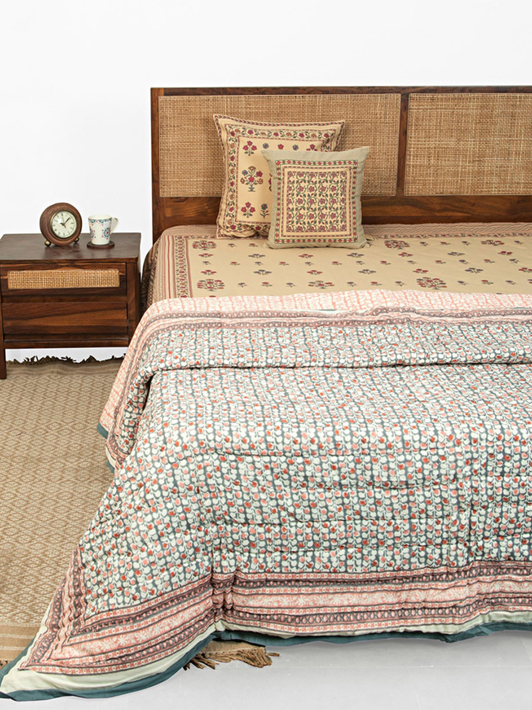 Fabindia Alisya Grey & Orange Floral 350 GSM AC Room Cotton Double Bed Quilt