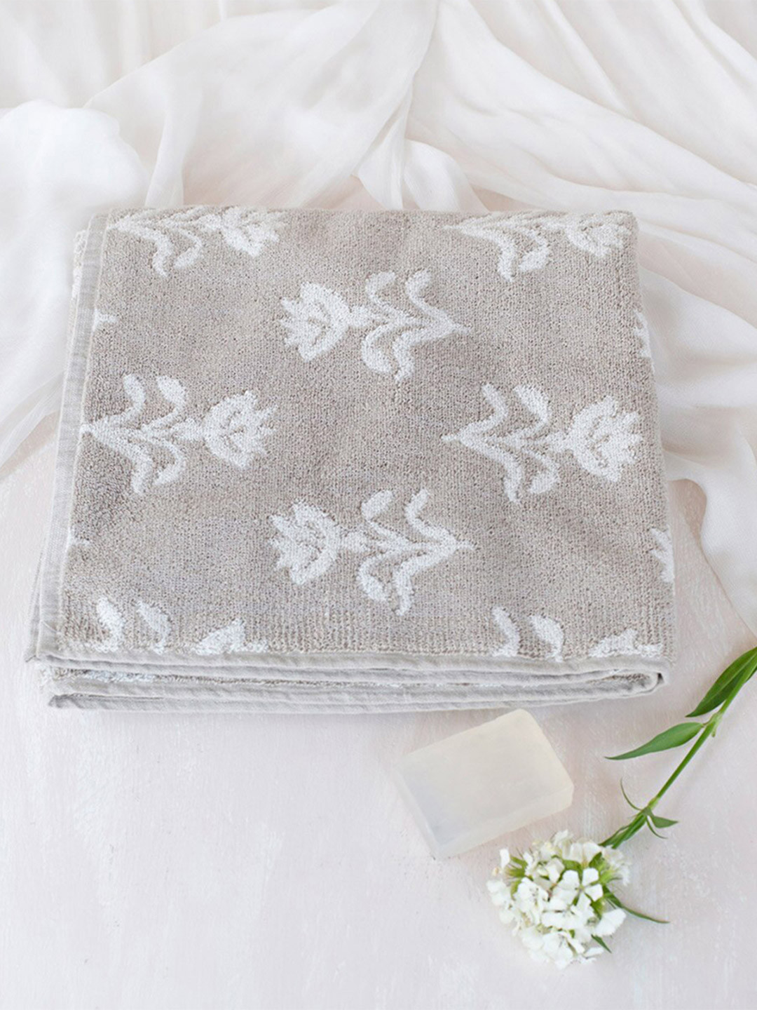 Fabindia Vikal Beige & White Printed Cotton Pile 570 GSM Bath Towel