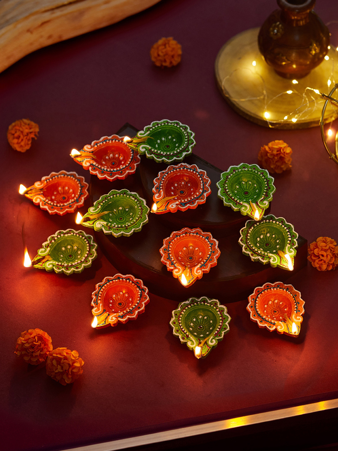 TIED RIBBONS Green & Red 12 Pieces Terracotta Decorative Oil Diyas