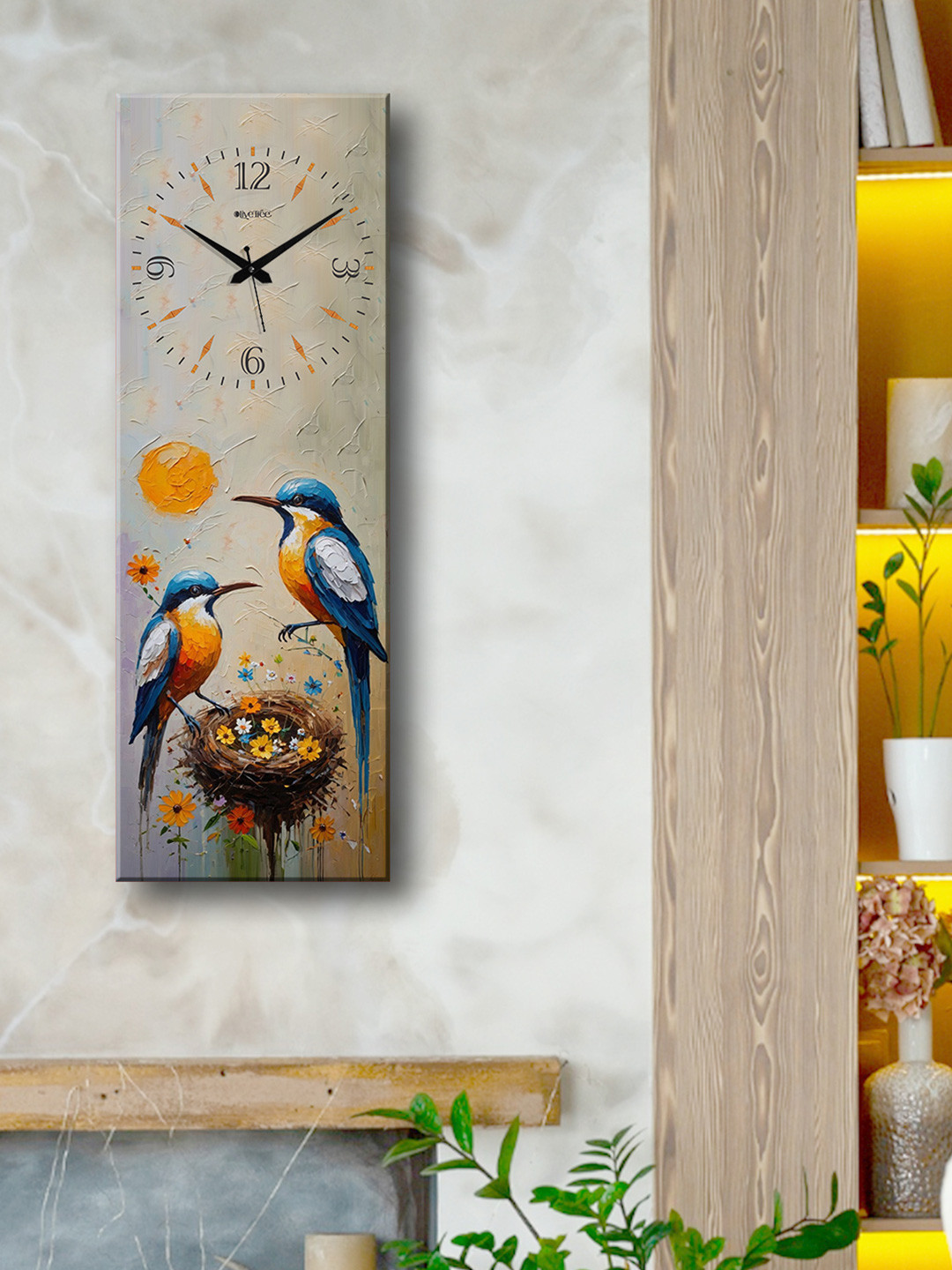 OLIVE TREE Blue and Yellow Printed Wooden Analogue Wall Clock