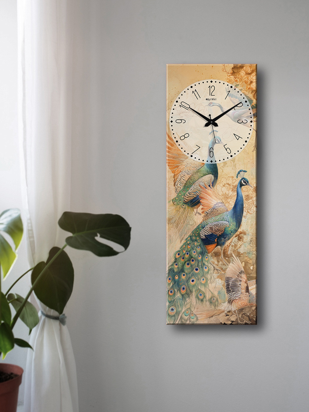 OLIVE TREE Beige Wood Large Display Rectangle Battery Analogue Peacock Wall Clock