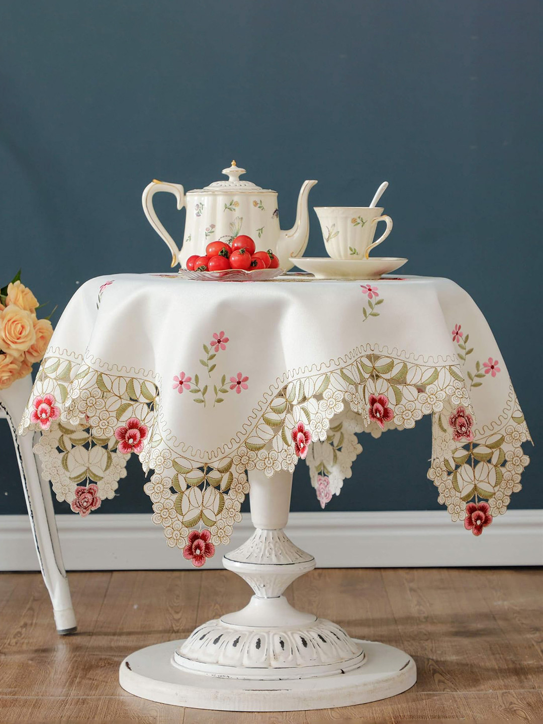 MONKDECOR Cream-Coloured & Pink Floral Embroided Round Shaped 4-Seater Satin Table Cover