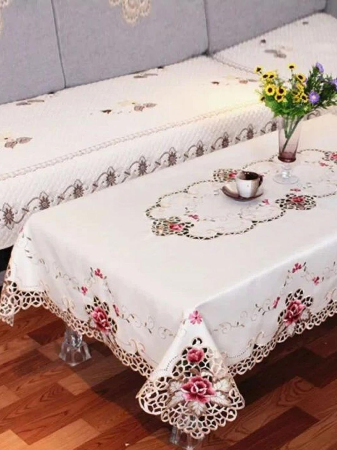 MONKDECOR Cream-Coloured & Pink Floral Embroided Rectangle 2-Seater Satin Table Cover