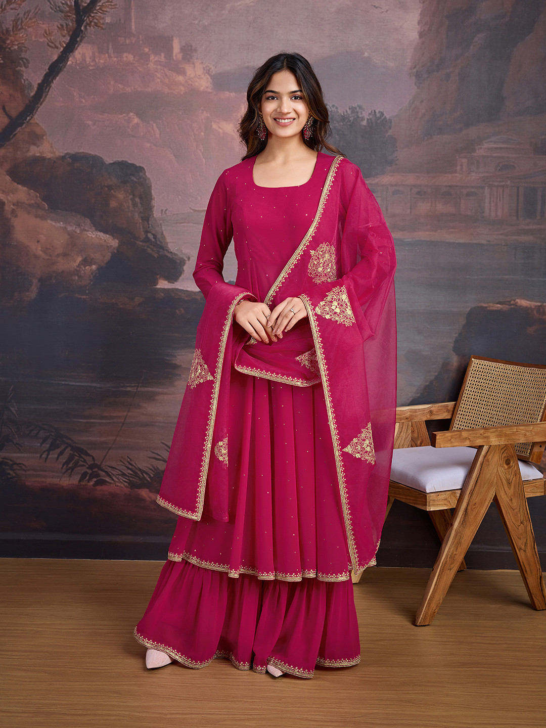 House of Pataudi U-Neck Anarkali Georgette Kurta & Sharara WithDupatta