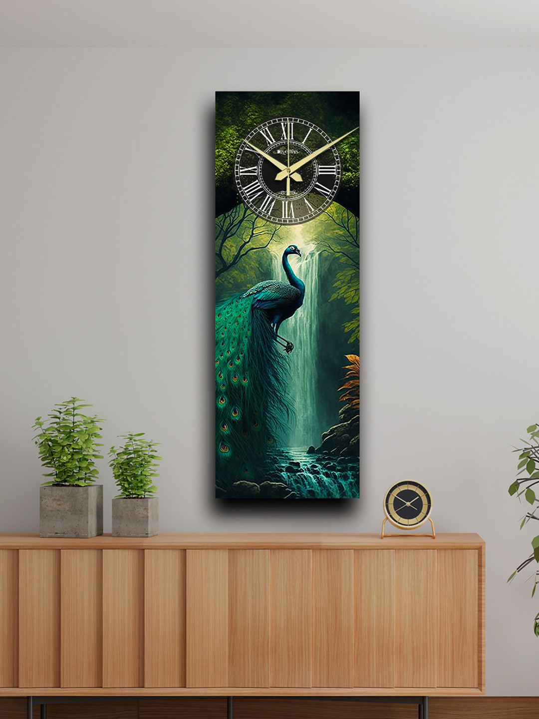 OLIVE TREE Designer Wood Tic-Toc Movement Rectangle Battery Analogue Peacock Wall Clock