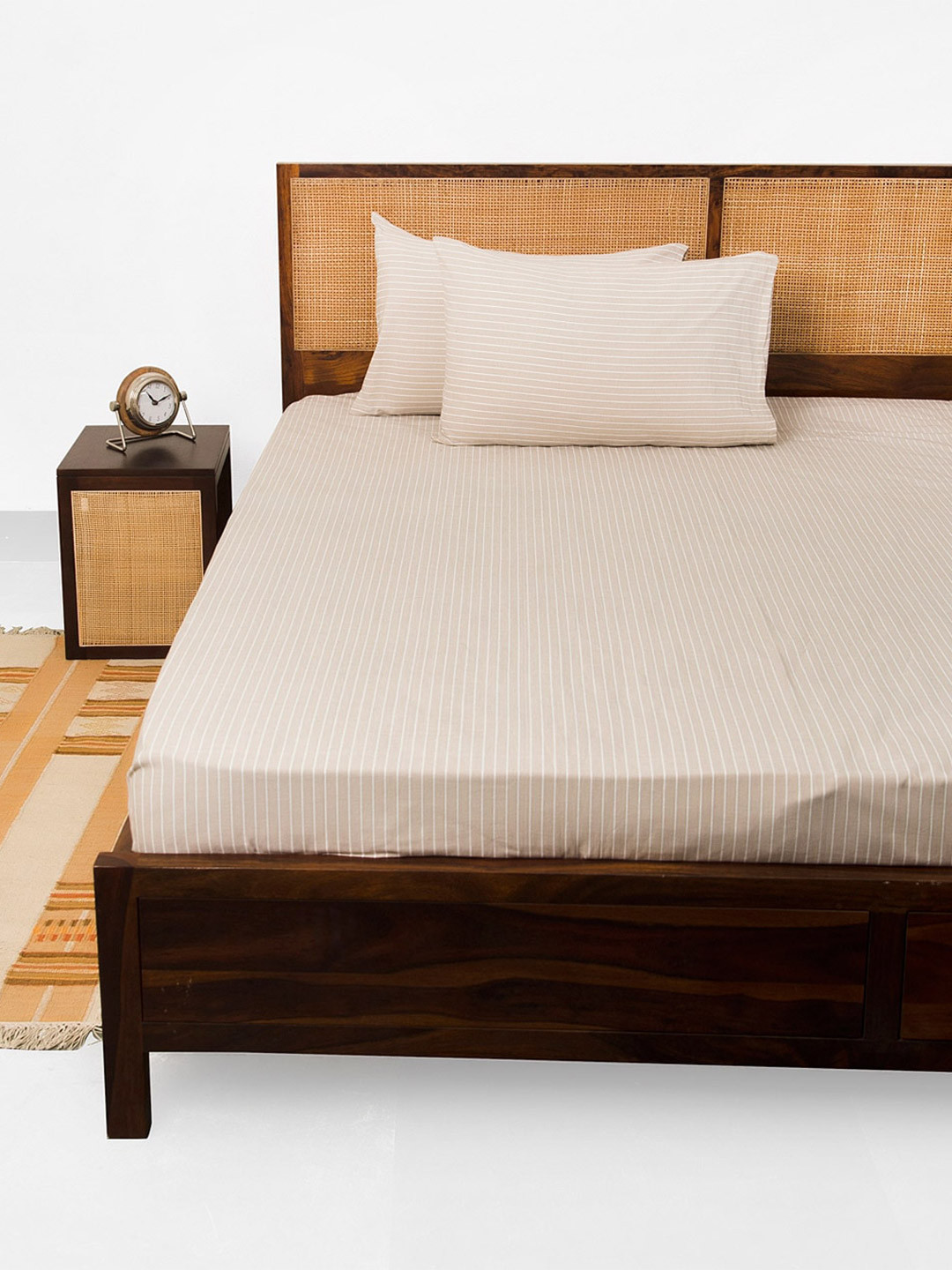 Fabindia Taupe & White Nile Striped 104 TC Cotton King Bedsheet With 2 Pillow Covers