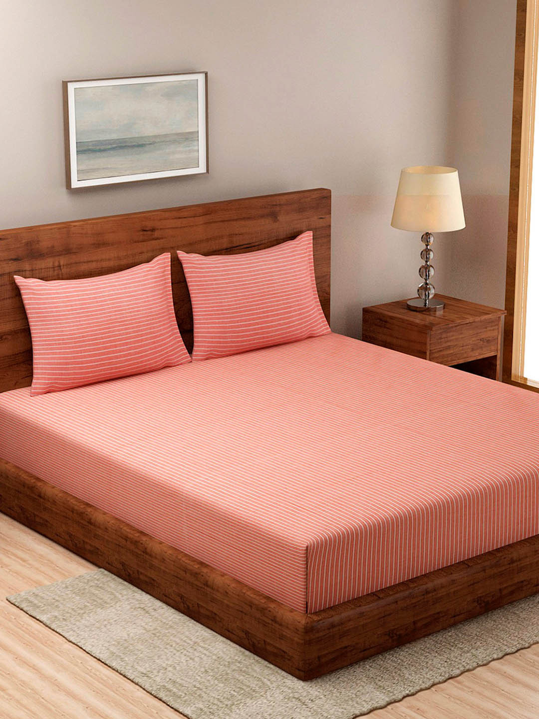 Fabindia Nile Coral Striped Cotton 104 TC King Coarse Bedsheet with 2 Pillow Covers-93 x 102 inches