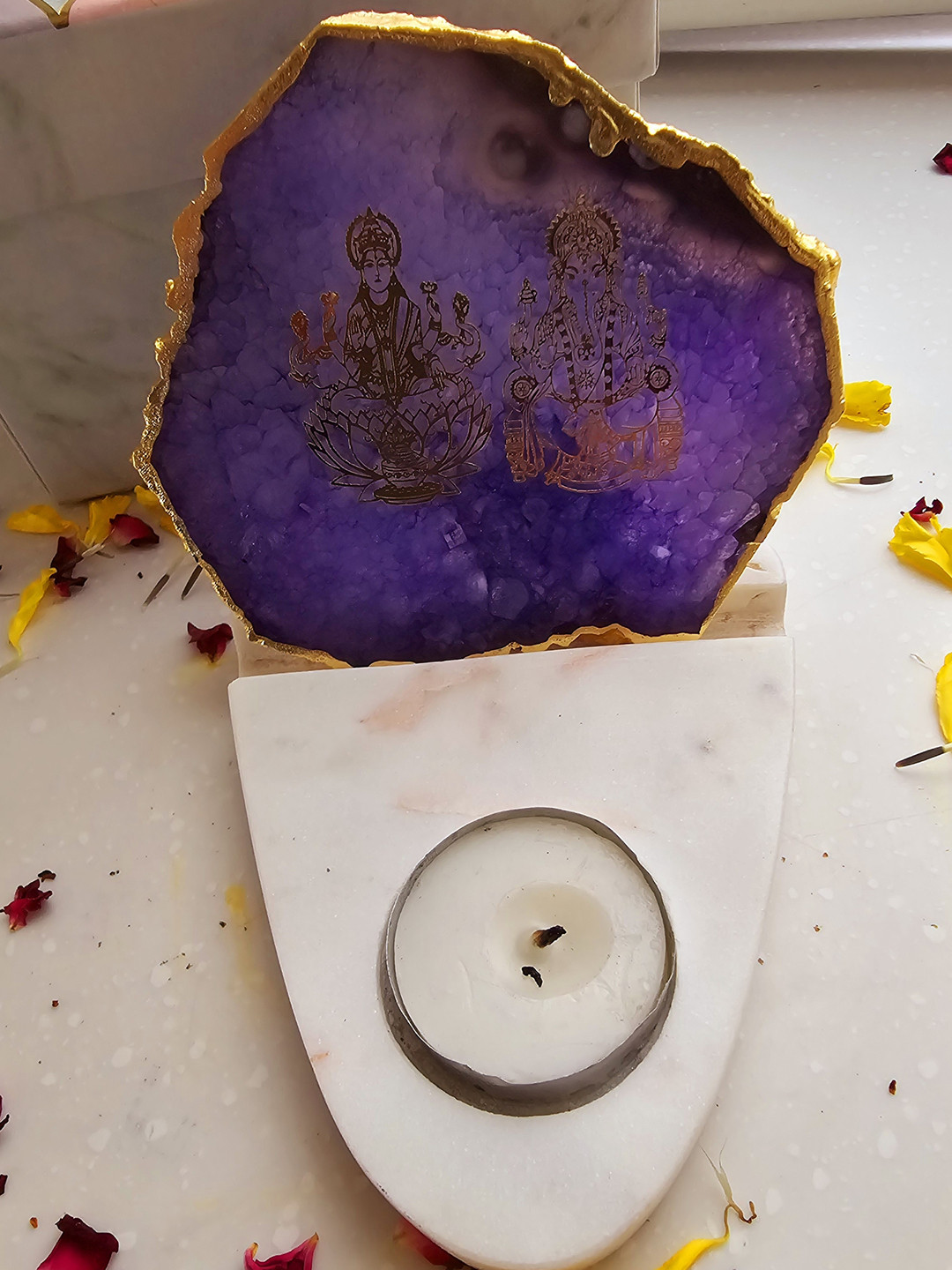 HOMEARTE White & Purple Marble Candle Holder