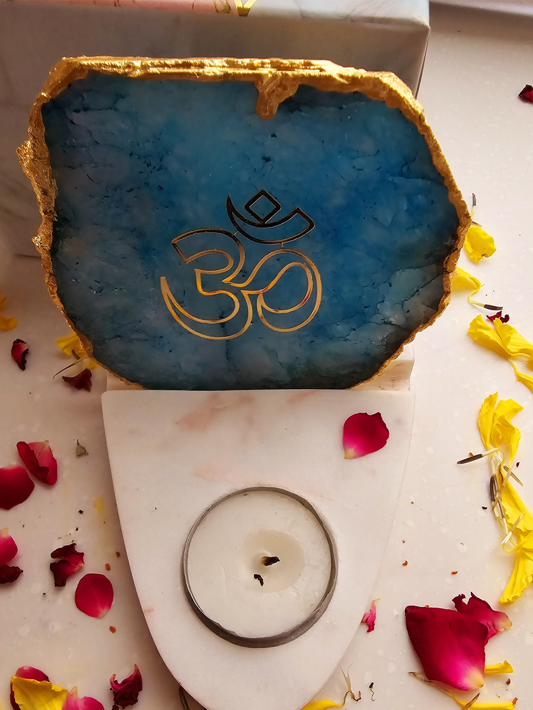 HOMEARTE White OM Agate with marble base Tea light Religious Candle Holder