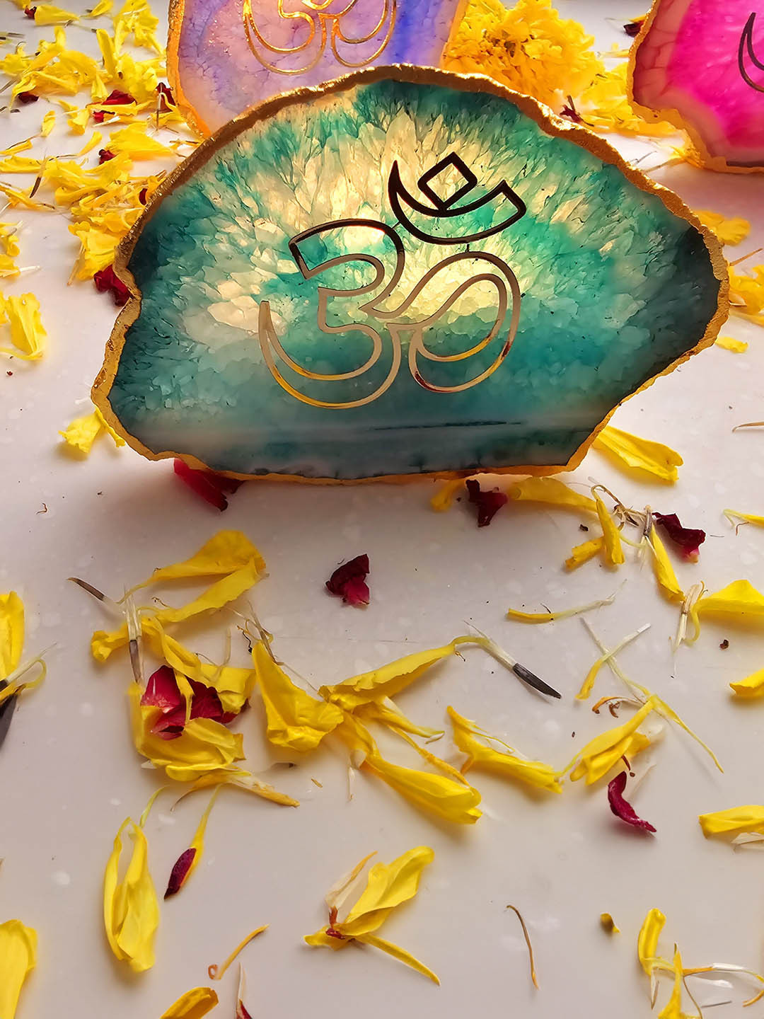 HOMEARTE Gold-Toned & Green OM Agate Stone Tea light Religious Candle Holder