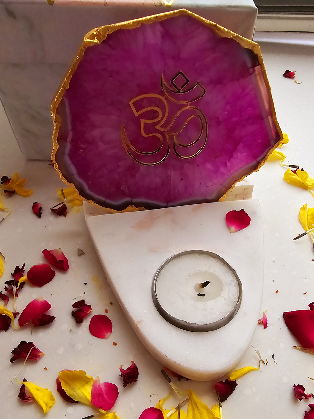 HOMEARTE White & Pink OM Agate with marble base Tea light Religious Candle Holder