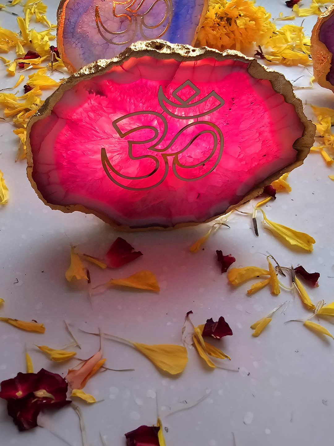 HOMEARTE Gold-Toned & Pink OM Agate with marble base Tea light Religious Candle Holder