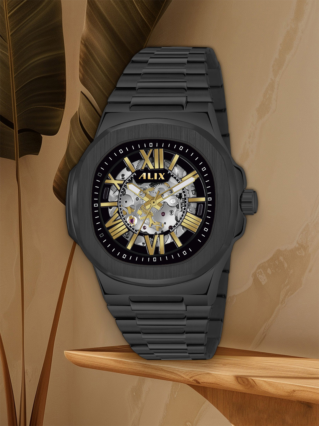 ALIX Men Brass Skeleton Dial & Stainless Steel Bracelet Style Straps Analogue Automatic Motion Powered Watch