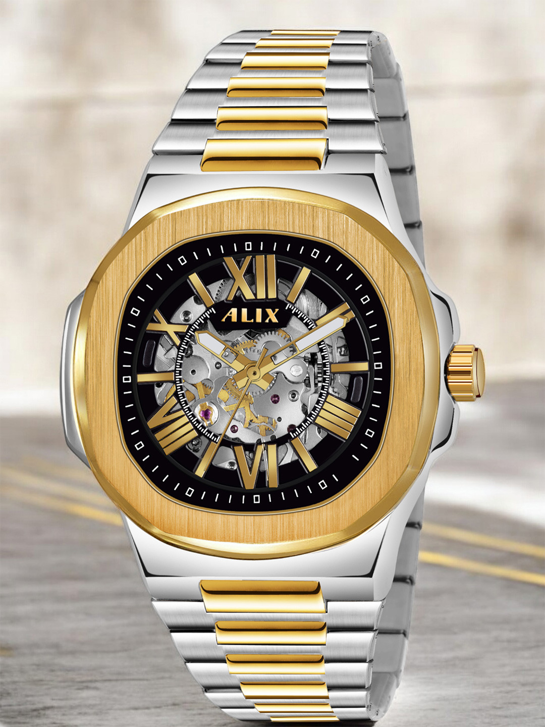 ALIX Men Brass Skeleton Dial & Stainless Steel Bracelet Style Straps Analogue Automatic Motion Powered Watch