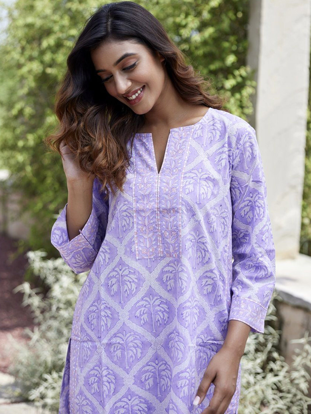 JAIPURRANG Floral Printed Notch Neck  Thread Work Cotton Straight Kurta