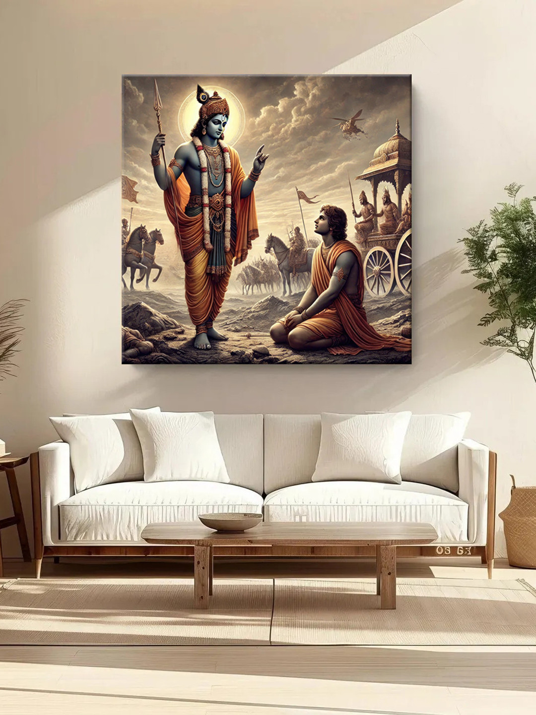 999Store Brown & Orange Colored Krishna Arjuna Printed Canvas Wall Art