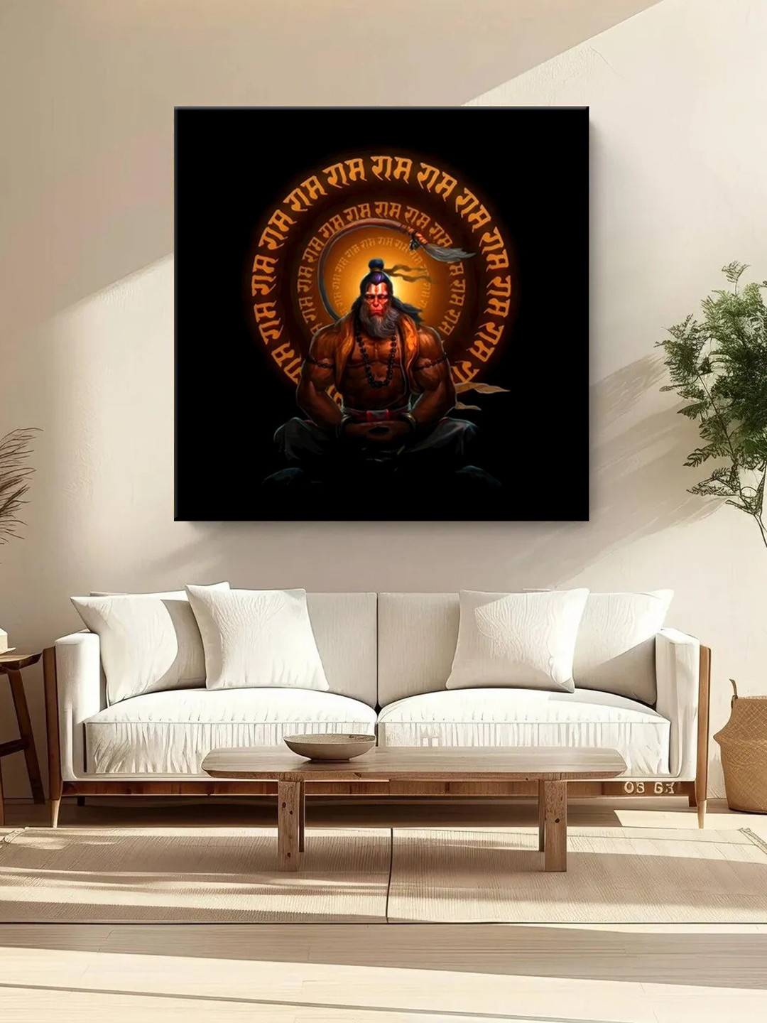 999Store Black & Orange Colored Meditating Hanuman Printed Canvas Wall Art