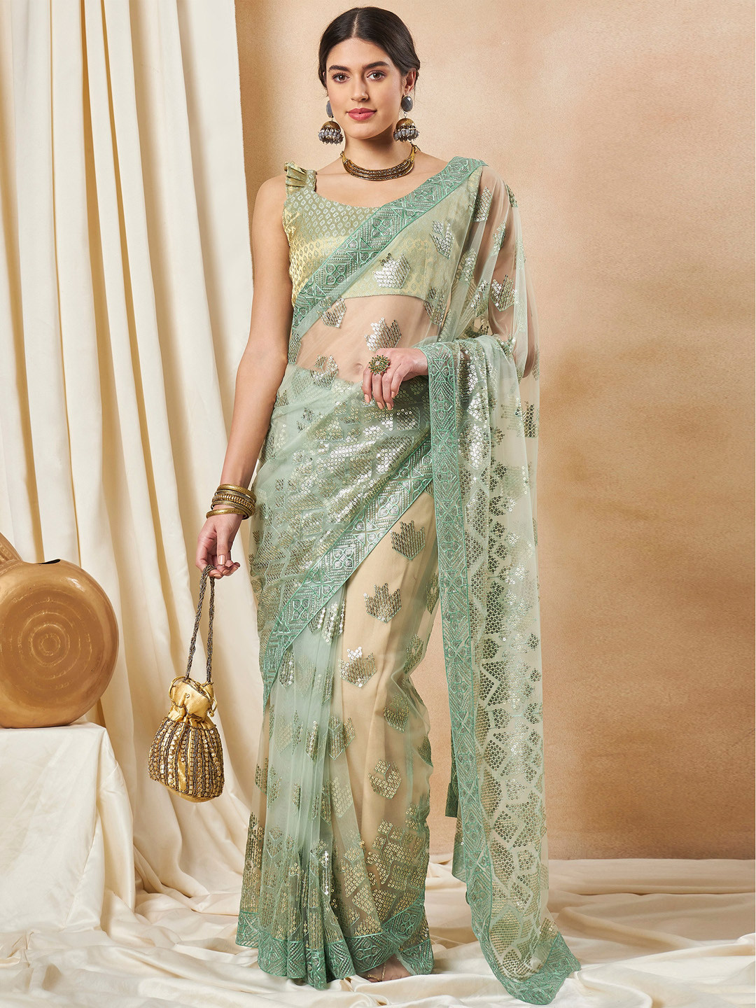 Sangria Georgette Embellished Saree With Matching Blouse