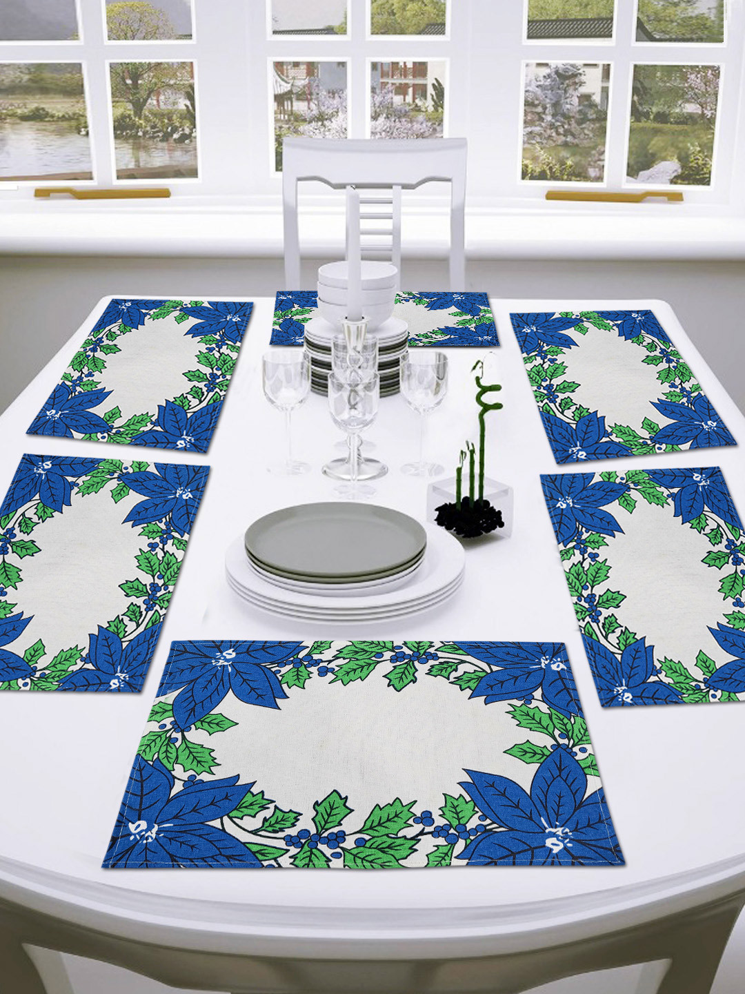 ANA 6 Pcs Blue & White 6 Pieces Printed Cotton Table Placemats