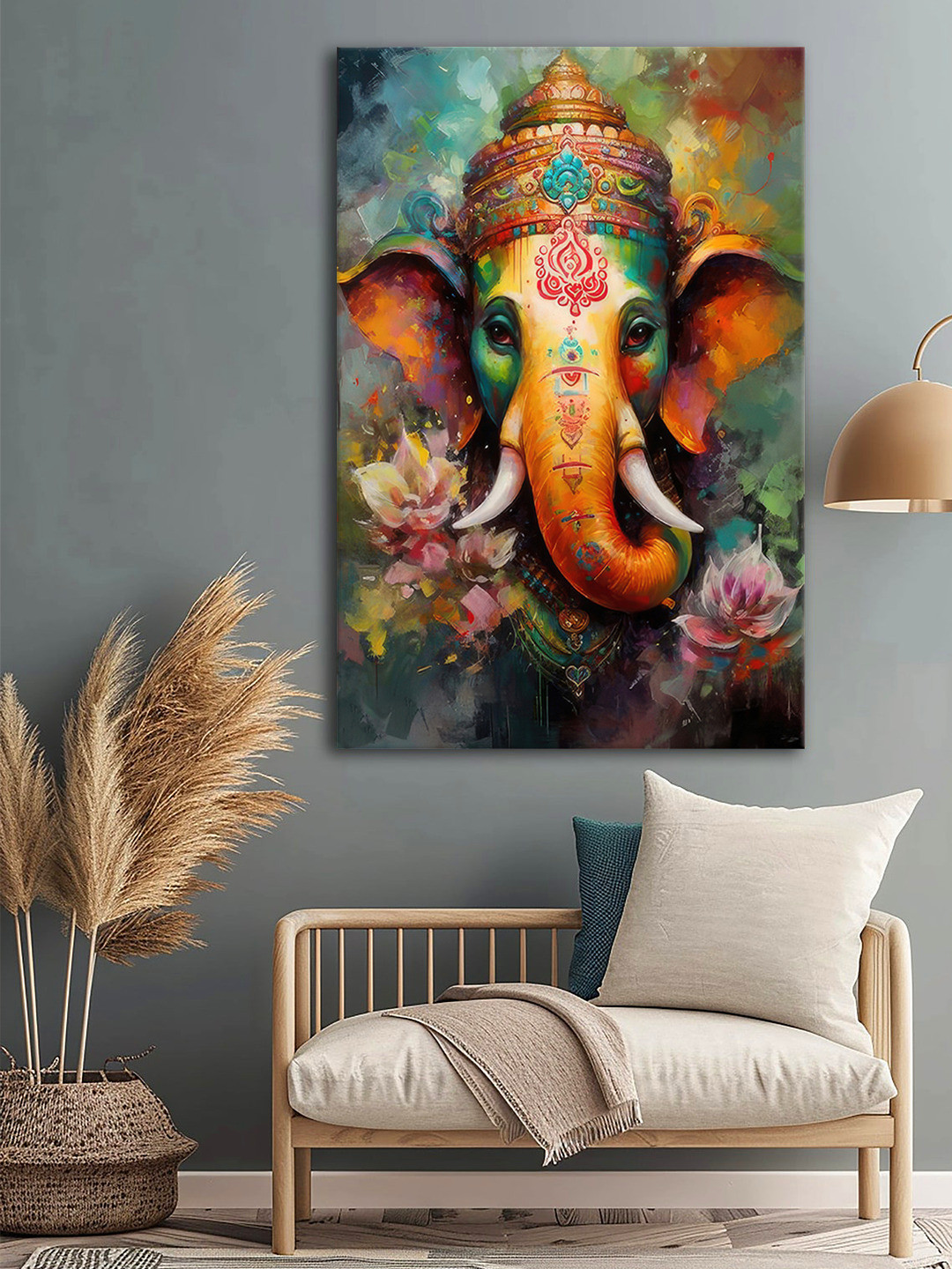 999Store Green & Orange  Orange Colored Ganesha Printed Canvas Wall Art