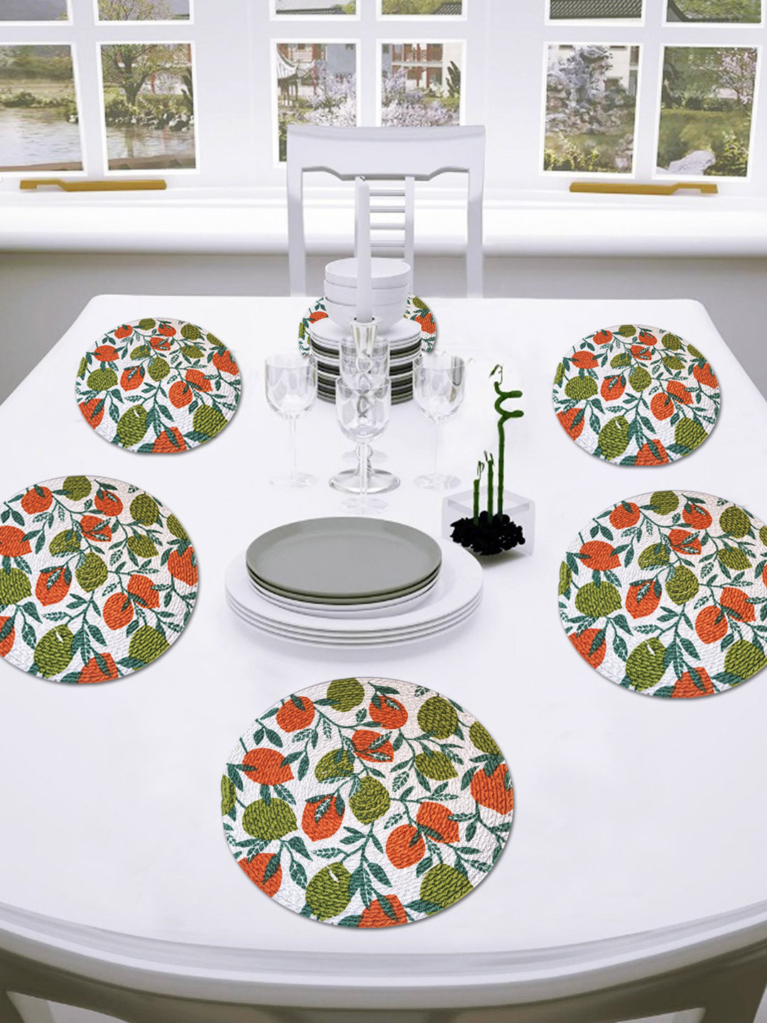 ANA Green & Rust 6 Pieces Leaf Printed Cotton Round Reversible Kitchen Placemats