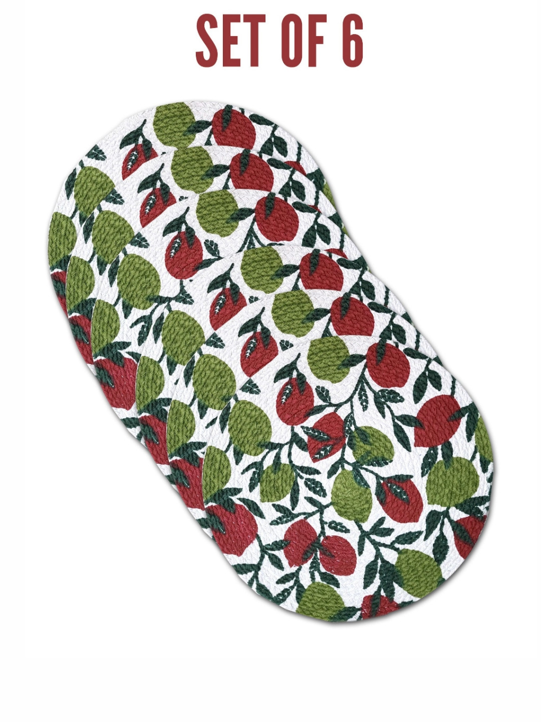 ANA Green & Maroon 6 Pieces Leaf Printed Cotton Round Reversible Kitchen Placemats