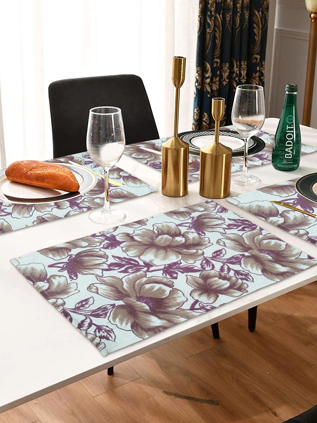 ANA 8 Pcs Green & White 8 Pieces Printed Cotton Table Placemats