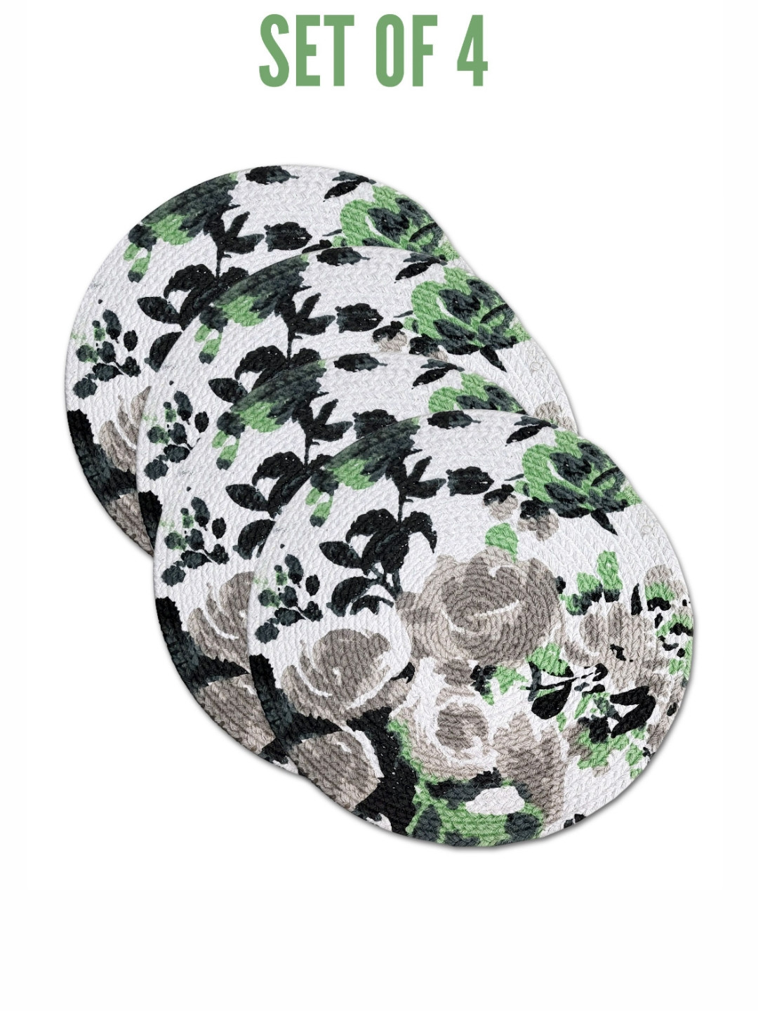 ANA Green & Grey 4 Pieces Floral Printed Round Reversible Cotton Table Placemats
