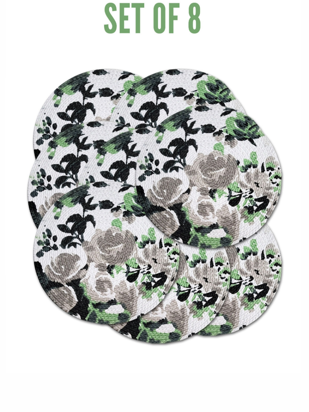 ANA Green & Grey 8 Pieces Floral Printed Round Reversible Cotton Table Placemats